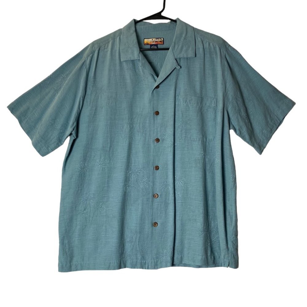 Havana Jack's Cafe Men‎ Large Hawaiian 100% Silk Wood Buttons Palm Trees Shirt
